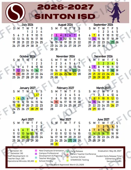 Sinton ISD 2026-27 calendar