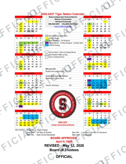 Slaton Independent School District 2026-27 calendar