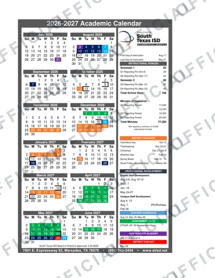 South Texas ISD 2026-27 calendar