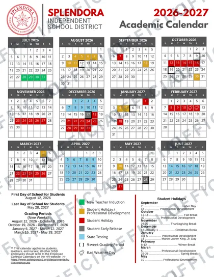 Splendora ISD 2026-27 calendar