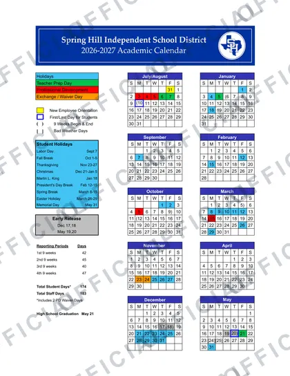 Spring Hill SHISD Independent School District 2026-27 calendar