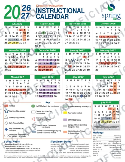 Spring ISD Calendars 2026-27 calendar