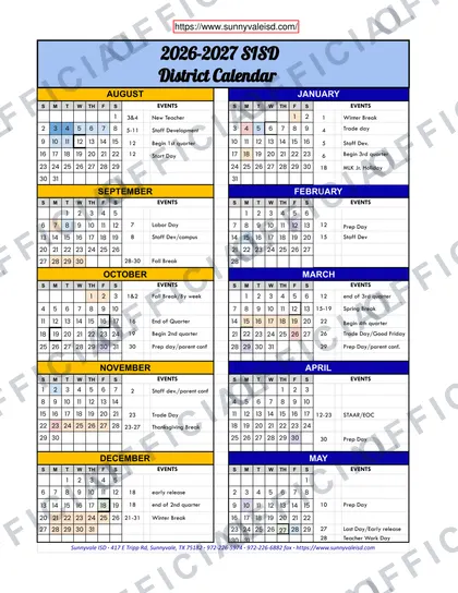 Sunnyvale ISD District 2026-27 calendar