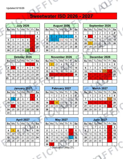 Sweetwater ISD 2026-27 calendar