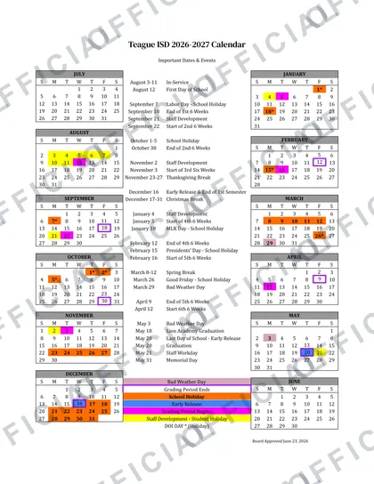Teague ISD 2026-27 calendar