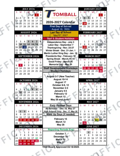 Tomball ISD 2026-27 calendar