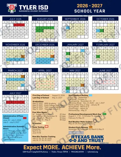Tyler ISD 2026-27 calendar