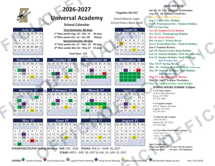 Universal Academy 2026-27 calendar