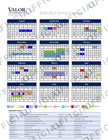 Valor Christian High School 2026-27 calendar