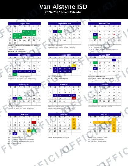 Van Alstyne ISD 2026-27 calendar