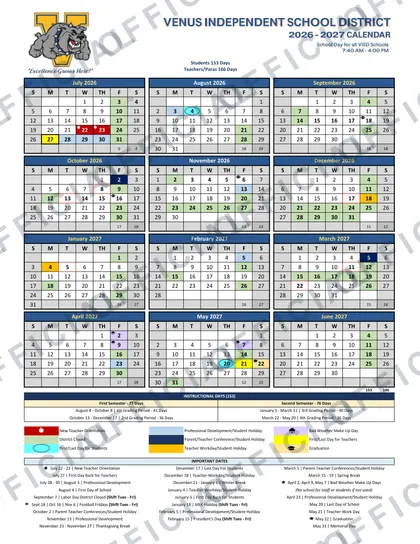 Venus Independent School District 2026-27 calendar