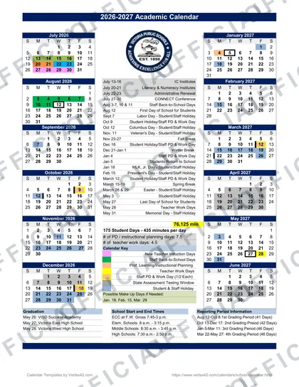 Victoria Public Schools 2026-27 calendar