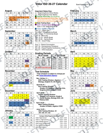 Vidor ISD 2026-27 calendar