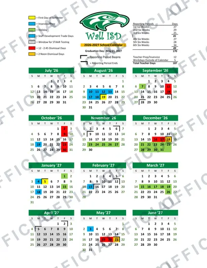 Wall ISD 2026-27 calendar