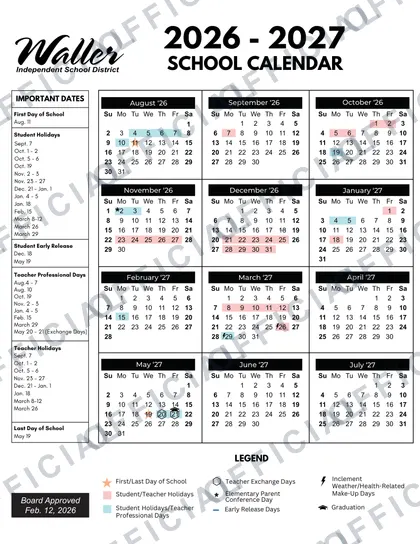 Waller Independent School District ISD 2026-27 calendar
