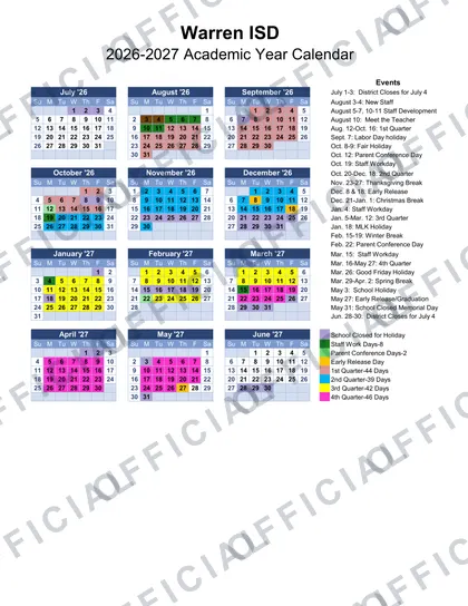 Warren ISD 2026-27 calendar