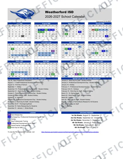 Weatherford ISD 2026-27 calendar