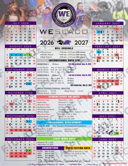 Weslaco Independent School District 2026-27 calendar