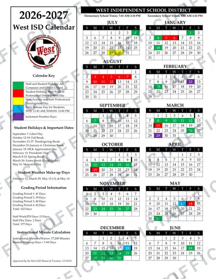 West Independent School District 2026-27 calendar