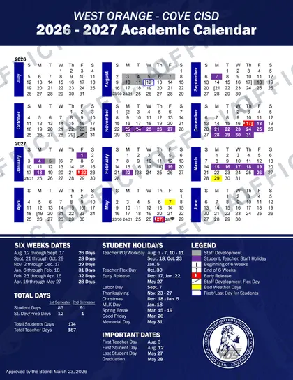 West Orange - Cove CISD 2026-27 calendar