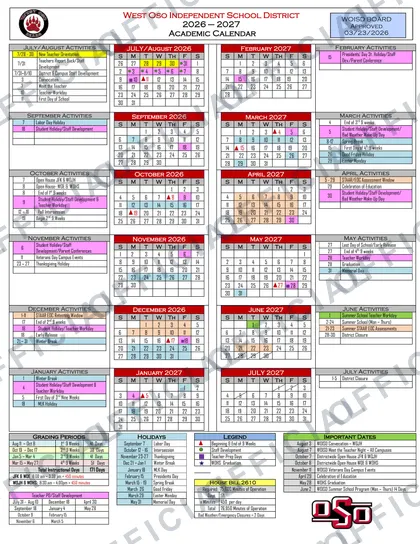 West Oso Independent School District 2026-27 calendar
