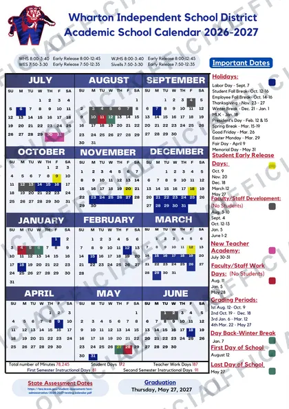 Wharton ISD 2026-27 calendar