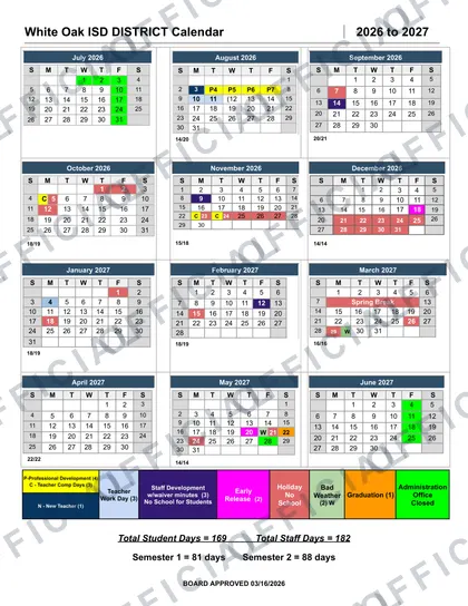 White Oak ISD DISTRICT 2026-27 calendar