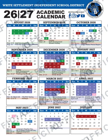 White Settlement ISD 2026-27 calendar