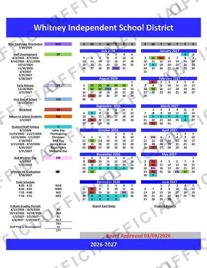 Whitney Isd 2026-27 calendar