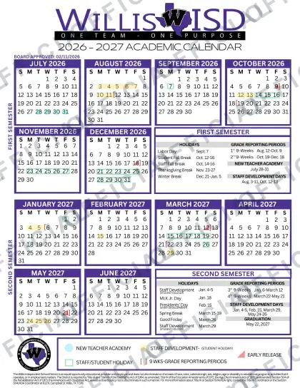 Willis ISD 2026-27 calendar