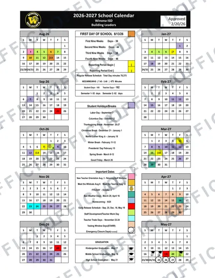 Winona ISD 2026-27 calendar