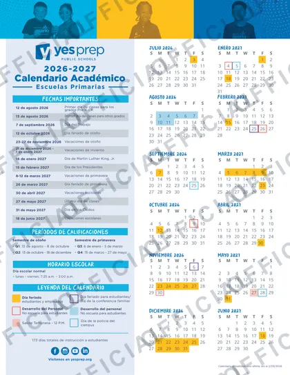 YES Prep Public Schools 2026-27 calendar
