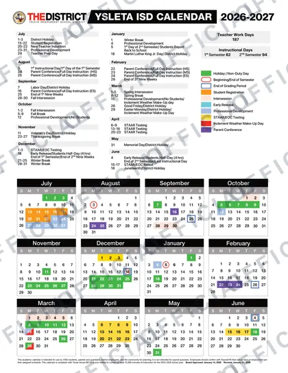 Ysleta YISD District ISD 2026-27 calendar