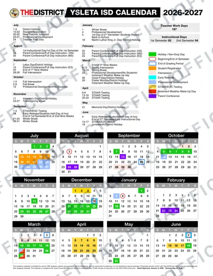 Ysleta ISD 2026-27 calendar