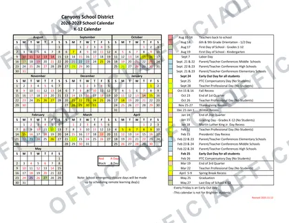 Canyons School District 2026-27 calendar