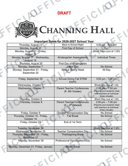 Channing Hall 2026-27 calendar