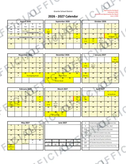 Granite School District 2026-27 calendar