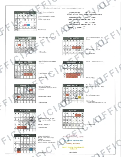 North Summit School District 2026-27 calendar