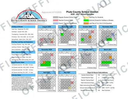 Piute County School District 2026-27 calendar