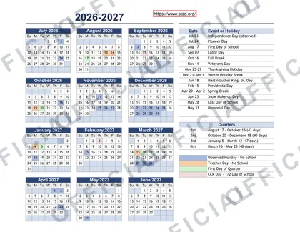 San Juan School District 2026-27 calendar