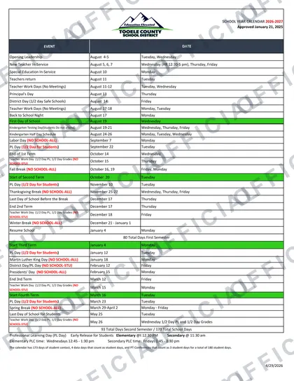 Tooele County School District 2026-27 calendar