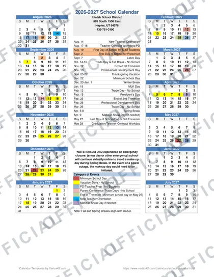 Uintah School District 2026-27 calendar
