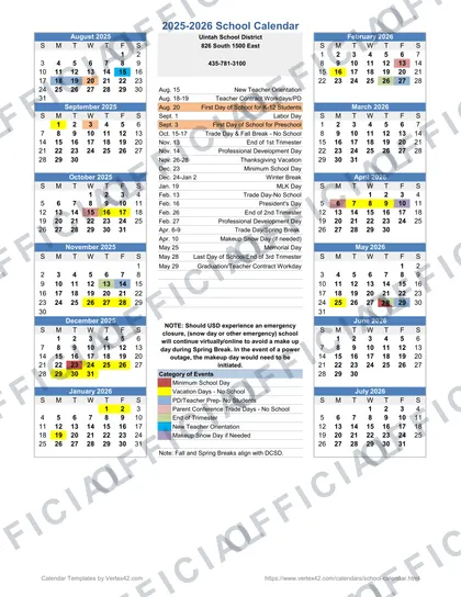 Uintah School District 2026-27 calendar