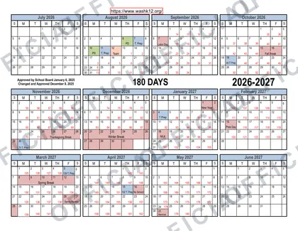 Washington School District 2026-27 calendar