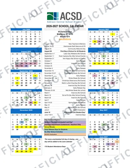 Addison Central School District 2026-27 calendar