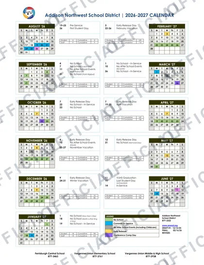 Addison Northwest School District 2026-27 calendar