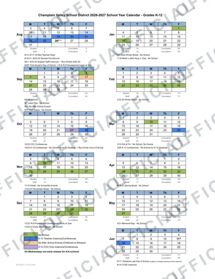 Champlain Valley School District 2026-27 calendar