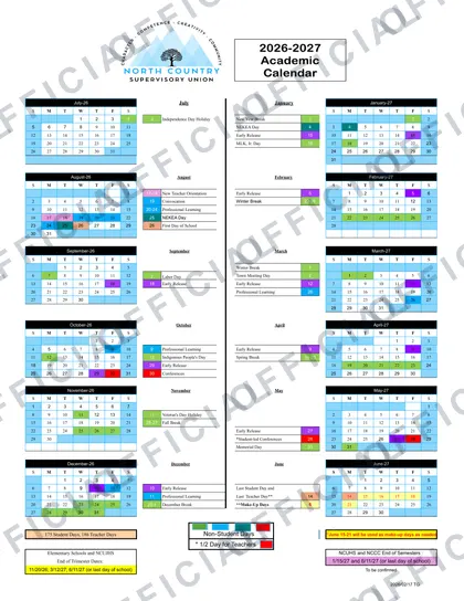 North Country Supervisory Union 2026-27 calendar