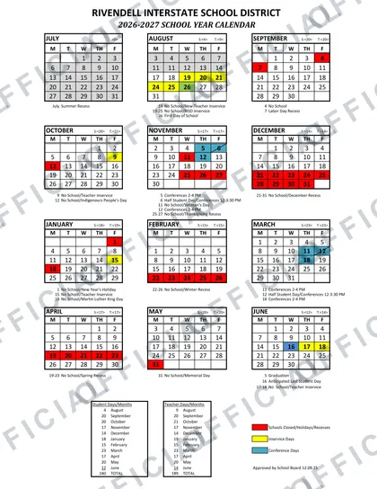Rivendell Interstate School District 2026-27 calendar
