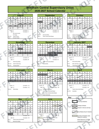 Windham Central Supervisory Union 2026-27 calendar